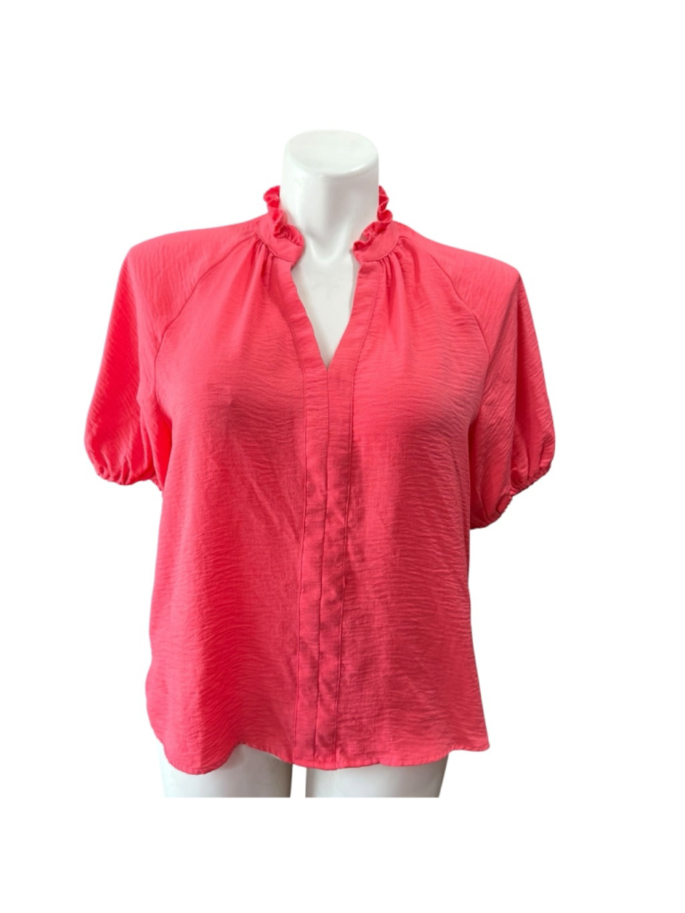 CeCe Coral Pink Ruffle Neck Blouse‎ Womens Large Puff Sleeve Top